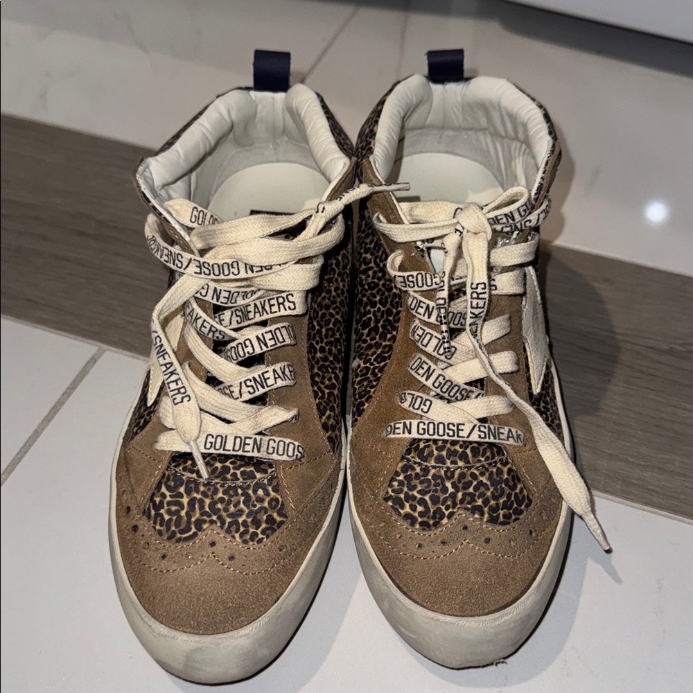 Golden Goose Tan and Leopard Kids Sneakers